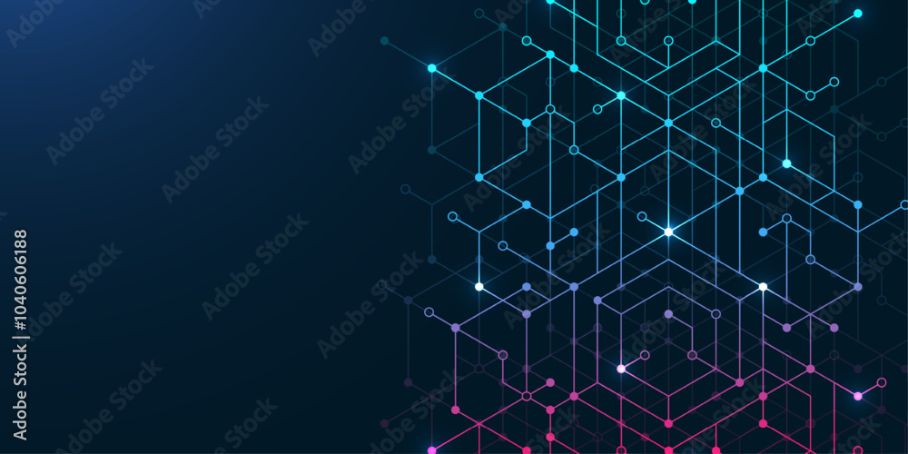 Poster Technology abstract background lines, dots and hexagons. Hexagonal digital concept for poster, banner, header, footer