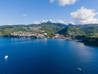 Aerial view of the Bay in front of Case-Pilote with the mountains in the background, Martinique,...