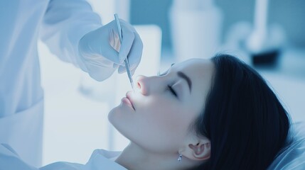 A woman undergoing a cosmetic procedure in a clinical setting during daylight hours