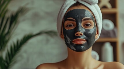 A young woman relaxes at home while applying a charcoal face mask in a serene, well-decorated bathroom setting