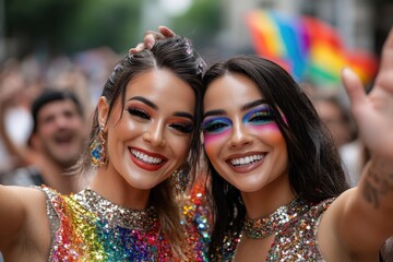 Fototapeta premium Two women dressed in sparkling outfits with stunning makeup take a selfie, celebrating pride amidst a vibrant crowd waving rainbow flags in a lively parade atmosphere.