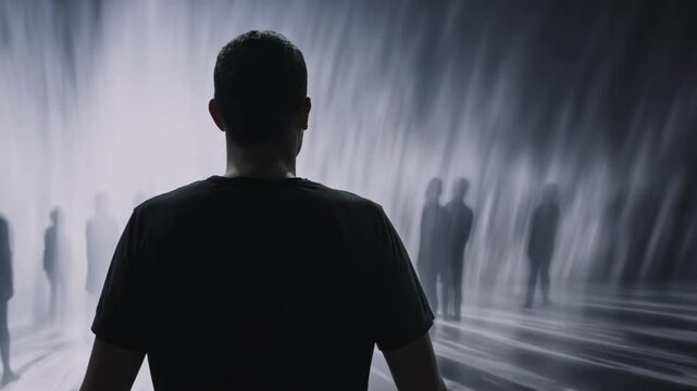 Silhouette Man Standing Before Ghostly Crowd Dramatic Ethereal Mysterious Scene Dreams Reality
