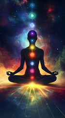 Silhouette of a person meditating with glowing chakras against a cosmic backdrop filled with vibrant colors and celestial elements