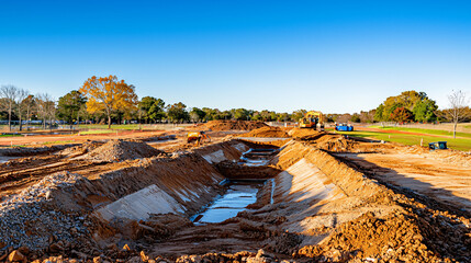 stormwater management system construction, showing scale of drainage channels