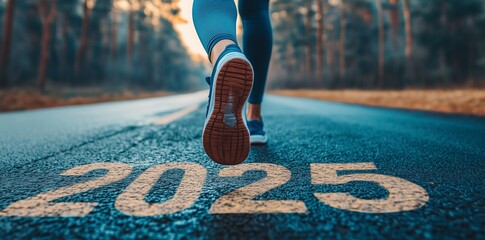 Athlete Running Towards a Glowing 2025 Sprinting Concept. Road at Dusk.