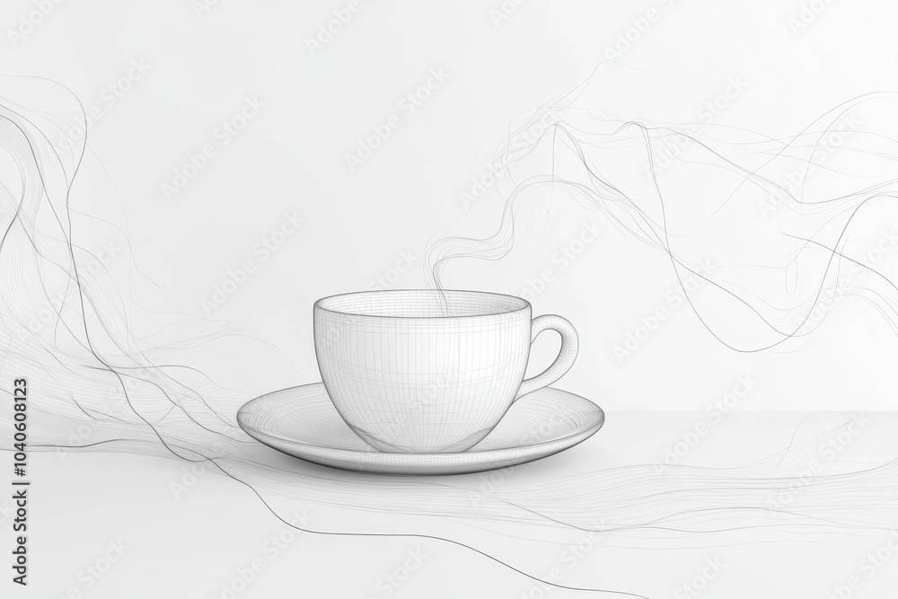 Poster A simple continuous line design illustrates a tea cup resting on a saucer, with gentle steam lines curling above in an artistic manner. Generative AI