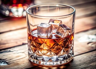 glass of whiskey and ice on brown background