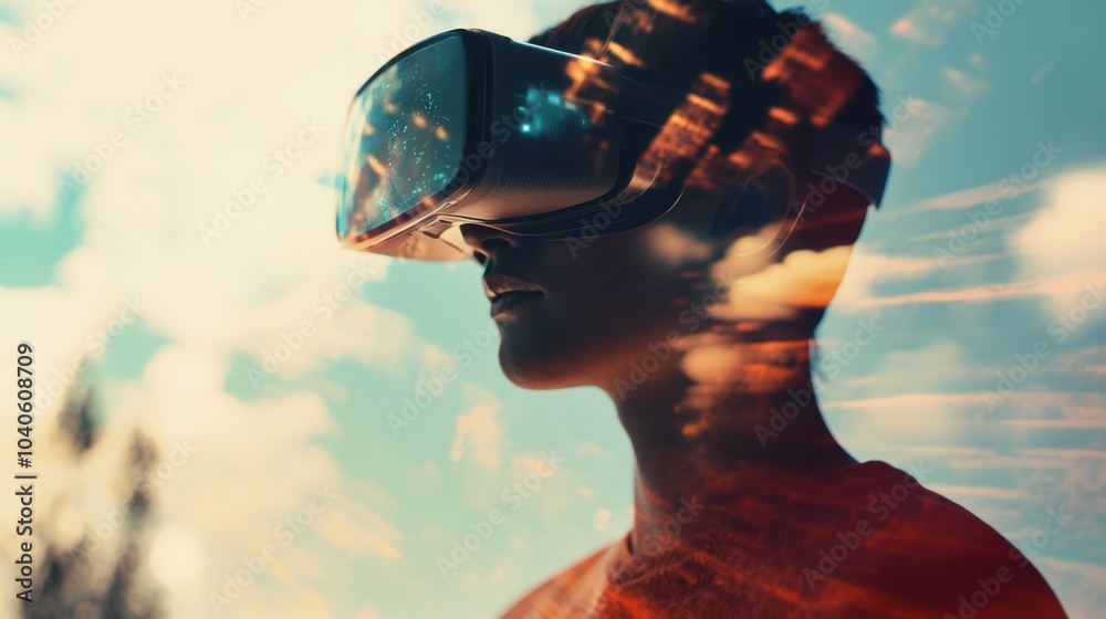 Poster A poignant visual of a person wearing VR goggles, with virtual reality merging seamlessly with the real world around them, symbolizing the blend of digital and physical experiences in modern life