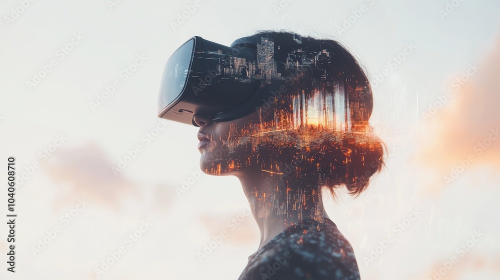 Poster a poignant visual of a person wearing vr goggles, with virtual reality merging seamlessly with the r