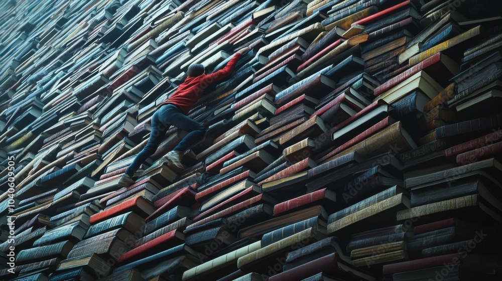Poster a powerful depiction of a person climbing a mountain of books, with each step representing a milesto