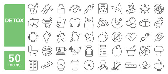 Set of 50 line icons related to detox, fresh, cleanse, nourishment, healthy, metabolism, probiotics, lifestyle, dietitian, Editable stroke. Vector illustration