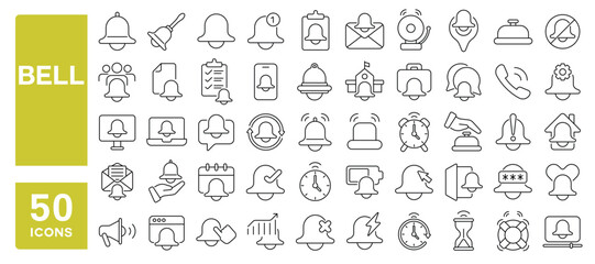 Set of 50 line icons related to bell, notification, reminder, ring, alarm, alert, attention, handbell, Editable stroke. Vector illustration