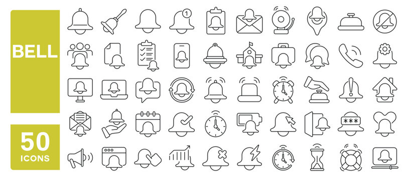 Set of 50 line icons related to bell, notification, reminder, ring, alarm, alert, attention, handbell, Editable stroke. Vector illustration
