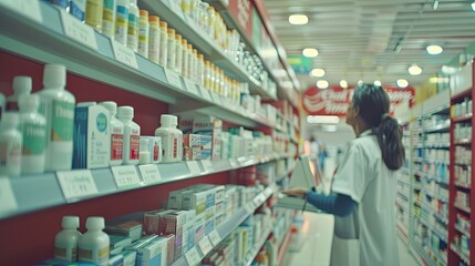 Close-up portrait of a female pharmacist against the background of pharmacy shelves with medicines. Confident professional. Can be used for advertising, marketing or presentation.