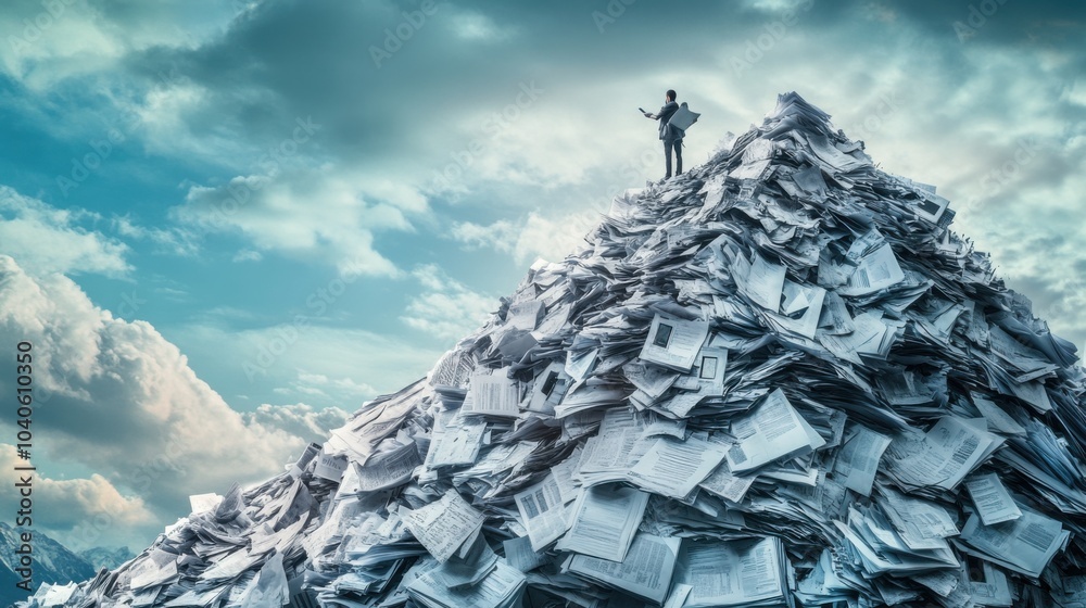 Poster a powerful depiction of a person scaling a mountain made of office paperwork and digital devices, sy