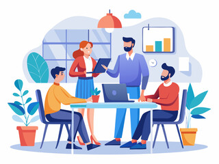 Group collaboration in a modern office setting during a business meeting with charts and plants