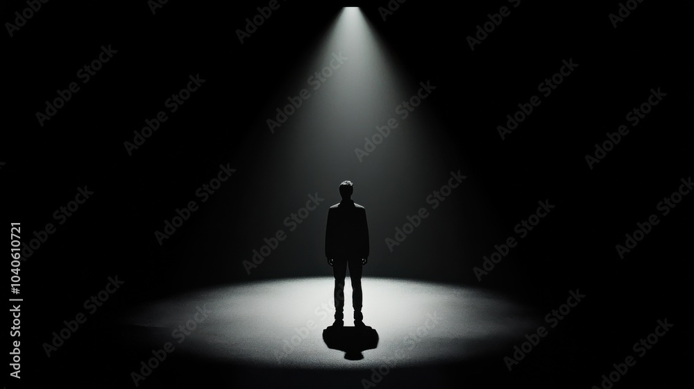 Poster a powerful depiction of a person standing in a spotlight surrounded by shadows representing societal