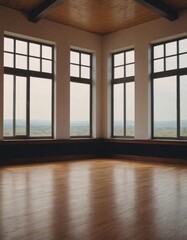 Fototapeta premium A large empty room with wooden parquet floors and a window letting in natural light