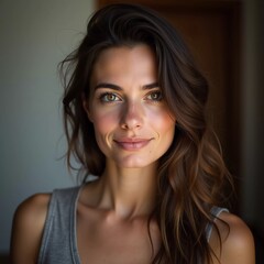 Naklejka premium A smiling Caucasian young beautiful woman from France, embodying warmth and joy. Her relaxed demeanor and carefree expression convey a sense of happiness and approachability. Generative AI