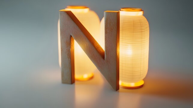 66. A letter N designed with glowing lanterns, casting a soft light on a white background