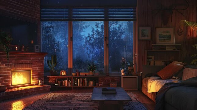 Warm cozy room with a glowing fireplace and a large window showcasing a peaceful forest night view  
Seamless looping 4k time-lapse virtual video animation Generated AI