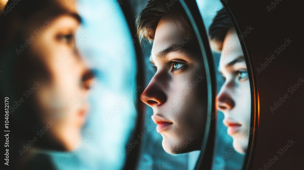 Poster a powerful image of a person looking into a mirror that reflects various personas, symbolizing the m
