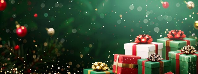 Red, green and white Christmas boxes banner on green background with Christmas balls, glitter, bokeh, copy space, space for text, New year, sale, frame, present box, happy holidays