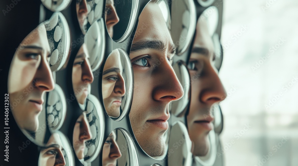 Poster a powerful image of a person looking into a mirror that reflects various personas, symbolizing the m