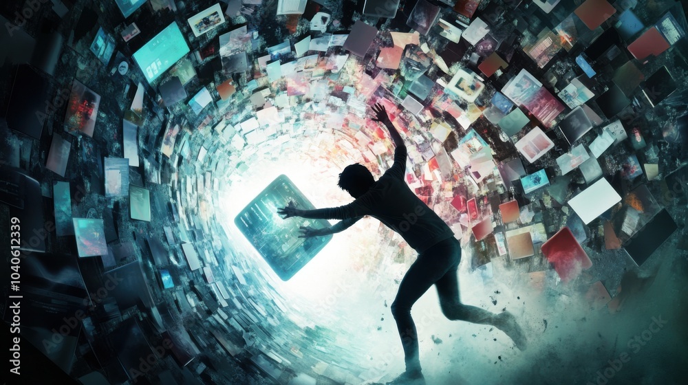 Aufkleber A powerful image of a person pushing through a wall of swirling social media feeds and notifications, symbolizing the effort to overcome digital clutter and focus on meaningful tasks, Tech environment