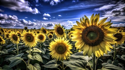 Fototapeta premium field of yellow sunflowers. Flowering meadow on summer landscape