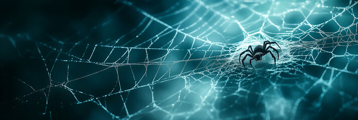 Creepy wild venomous spider on glowing web against dark background. Eerie banner with copy space. Scary insect, arachnid. Concept of fear and Halloween atmosphere. Banner with copy space