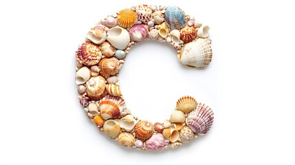 Obraz premium 81. A letter C crafted from colorful shells, artistically arranged on a white background