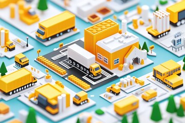 Fototapeta premium Colorful miniature factory scene with trucks and buildings on a blue background.