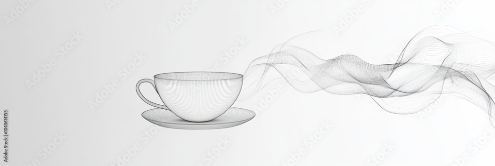 Poster a delicate line drawing showcases a tea cup on a saucer with steam swirling gently above, evoking wa