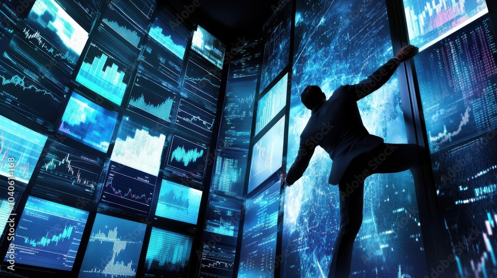 Poster a powerful scene of a person breaking through a wall of screens displaying financial graphs, represe