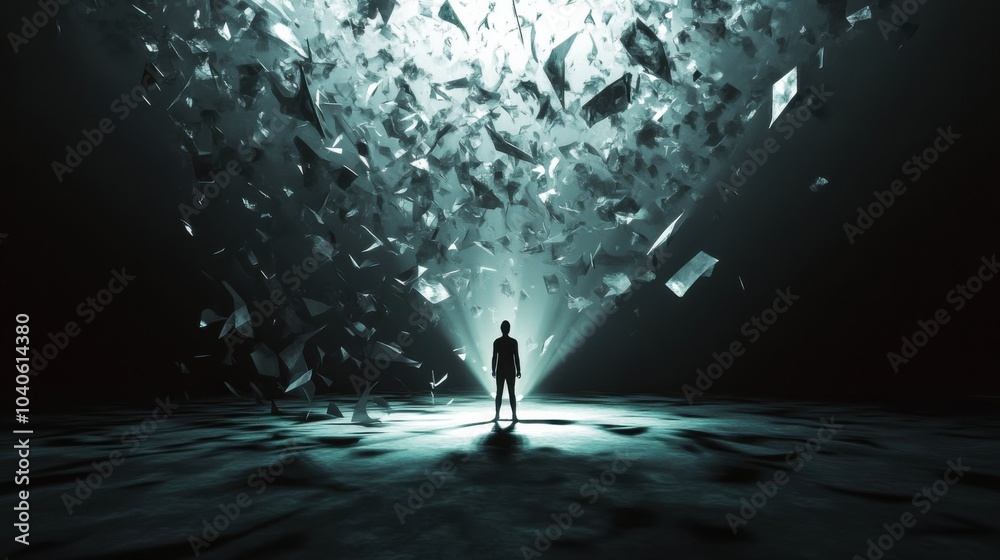 Aufkleber a powerful visual of a person standing in a spotlight on a stage filled with abstract representation