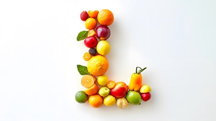 90. A letter L designed from vibrant fruits, artistically arranged on a white background