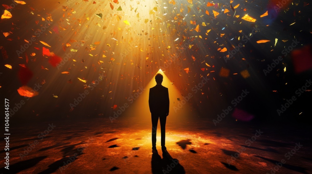 Poster A powerful visual of a person standing in a spotlight on a stage filled with abstract representations of emotions and thoughts