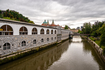 Ljubljana Market arcade on the Ljubljanica river