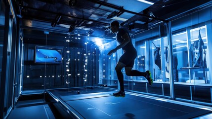 A professional athlete training rigorously in a state-of-the-art sports biomechanics lab with advanced motion capture technology, Sports biomechanics scene, High-tech style