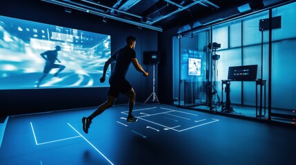 A professional athlete training rigorously in a state-of-the-art sports biomechanics lab with advanced motion capture technology, Sports biomechanics scene, High-tech style