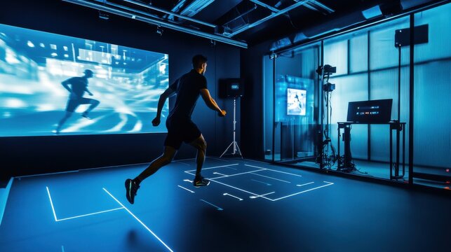 A professional athlete training rigorously in a state-of-the-art sports biomechanics lab with advanced motion capture technology, Sports biomechanics scene, High-tech style