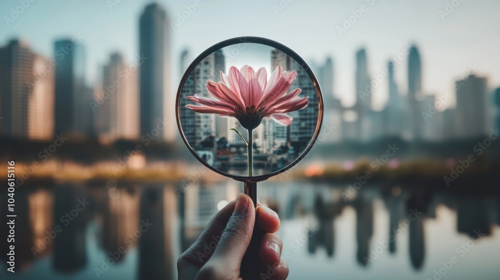 Poster a reflective visual of a person holding a magnifying glass over a blooming flower that gradually tra
