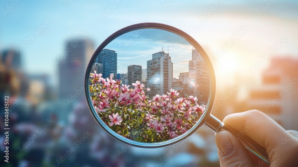 Poster a reflective visual of a person holding a magnifying glass over a blooming flower that gradually tra