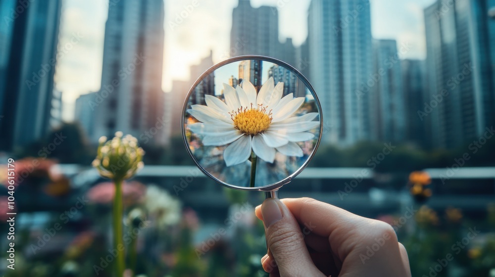 Poster a reflective visual of a person holding a magnifying glass over a blooming flower that gradually tra