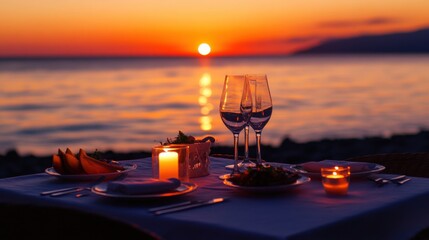 A romantic candlelit dinner on a secluded beach with a view of the sunset, symbolizing love and intimacy in a picturesque setting, Dinner scene