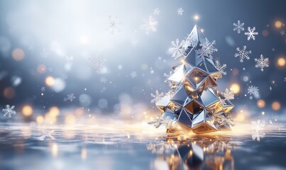 A modern, geometric Christmas tree made of sleek metallic shapes, surrounded by floating snowflakes and abstract light trails in a soft wintery background