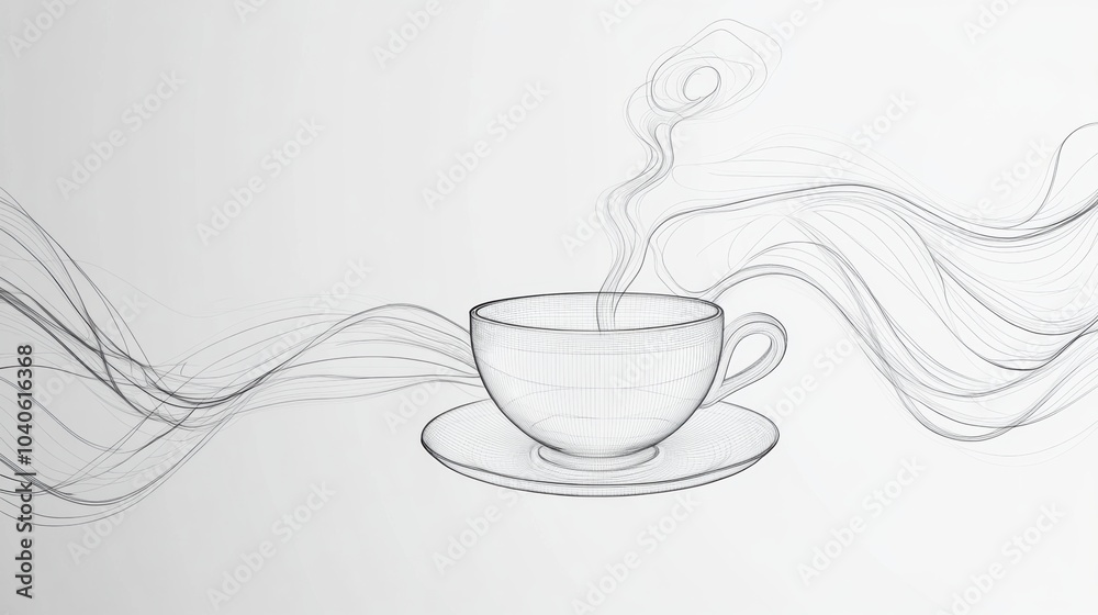 Poster a continuous line creates a minimalist tea cup, with soft steam curling above, symbolizing comfort a