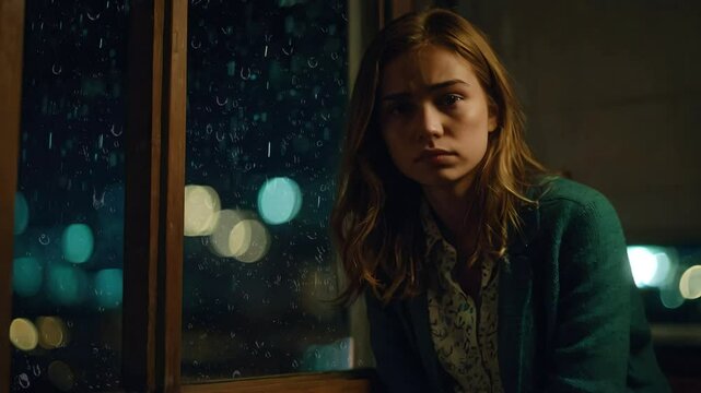 young attractive woman is sitting by the window. it is raining outside the window. large drops glide across the glass. outside the window the night and the lights of the city ,  Generative Ai