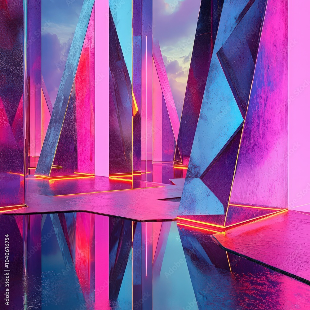 Wall mural sharp angular shapes with vibrant neon lighting and reflective textures